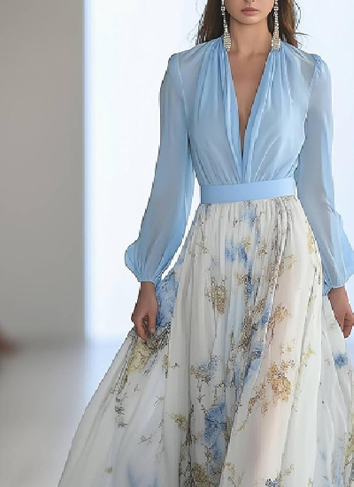 Women's Spring Boho Floral Blue Chiffon Maxi Dresses 2025